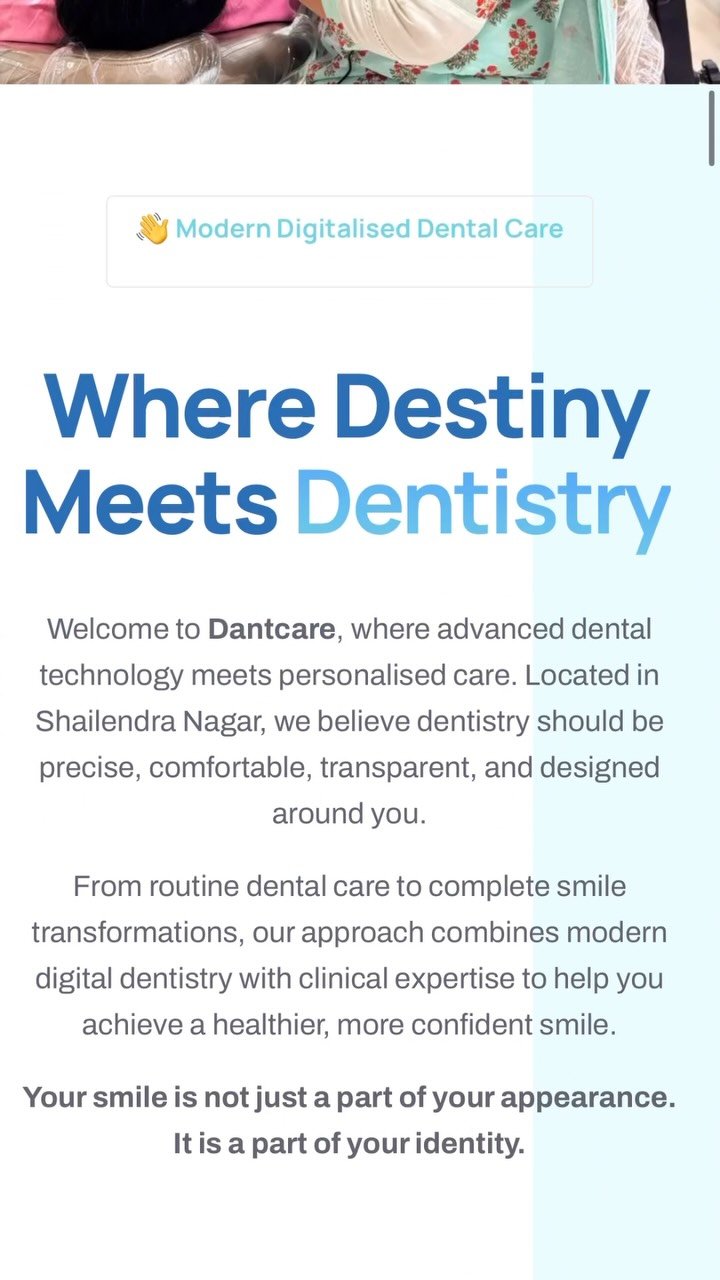 Big news! 🦷✨

We’re thrilled to announce the launch of our website, making it easier than ever to explore our dental services and take the first step toward a healthier, more confident smile. 🪥💙

Discover expert dental care, learn more about our treatments, and connect with us - all just a click away! 🦷

🌐 Visit our website: https://dantcareraipur.com/
📞 Book an appointment: 99935 95795
📍 Visit us: B-16, Shailendra Nagar, Raipur, Chhattisgarh – 492001

[ Dantcare Digital Dental Clinic, Dental Clinic Website, Website Launch, Digital Dental Clinic, Dental Services, Online Dental Consultation, Oral Healthcare, Healthy Smile, Professional Dental Care, Modern Dentistry, Dental Treatments, Smile Makeover, Book Your Dental Appointment ]

#raipurdentist #websitelaunch #dentalclinic #healthysmile #dentalcare